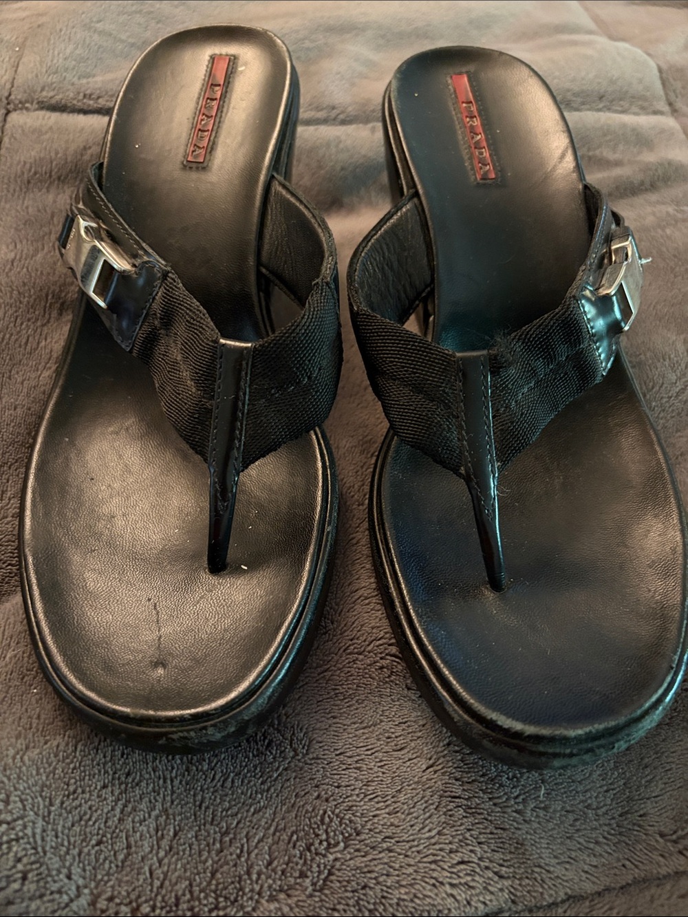 Authentic Vintage Prada Black Leather Thong Sandals with Buckle Accent